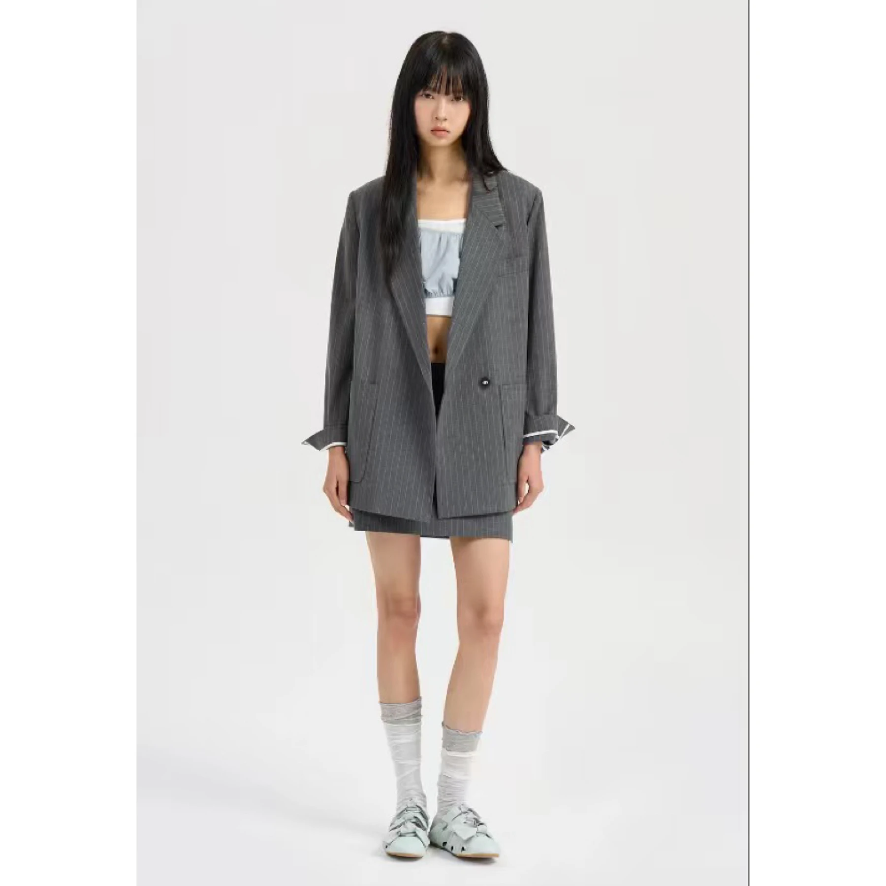 Lemon Cheese LUC26 Autumn Casual Stripe Tailored Suit Jacket And Pants Set Women's Commute Style Long Sleeve Button Closure