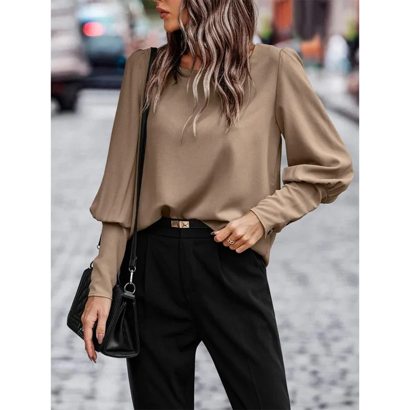 2023 New Autumn Fashion Talent Temperament Casual Solid Color Shirt Casual Loose Commuter Lantern Sleeve Button Women\'s Top