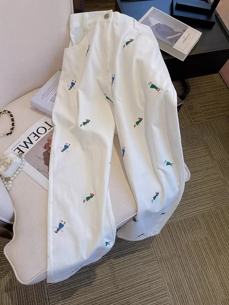 

Dopne Reduction Cartoon Print Casual Jeans High Waist Wide Leg Straight Cut Women's Spring Autumn Design Ele Pants