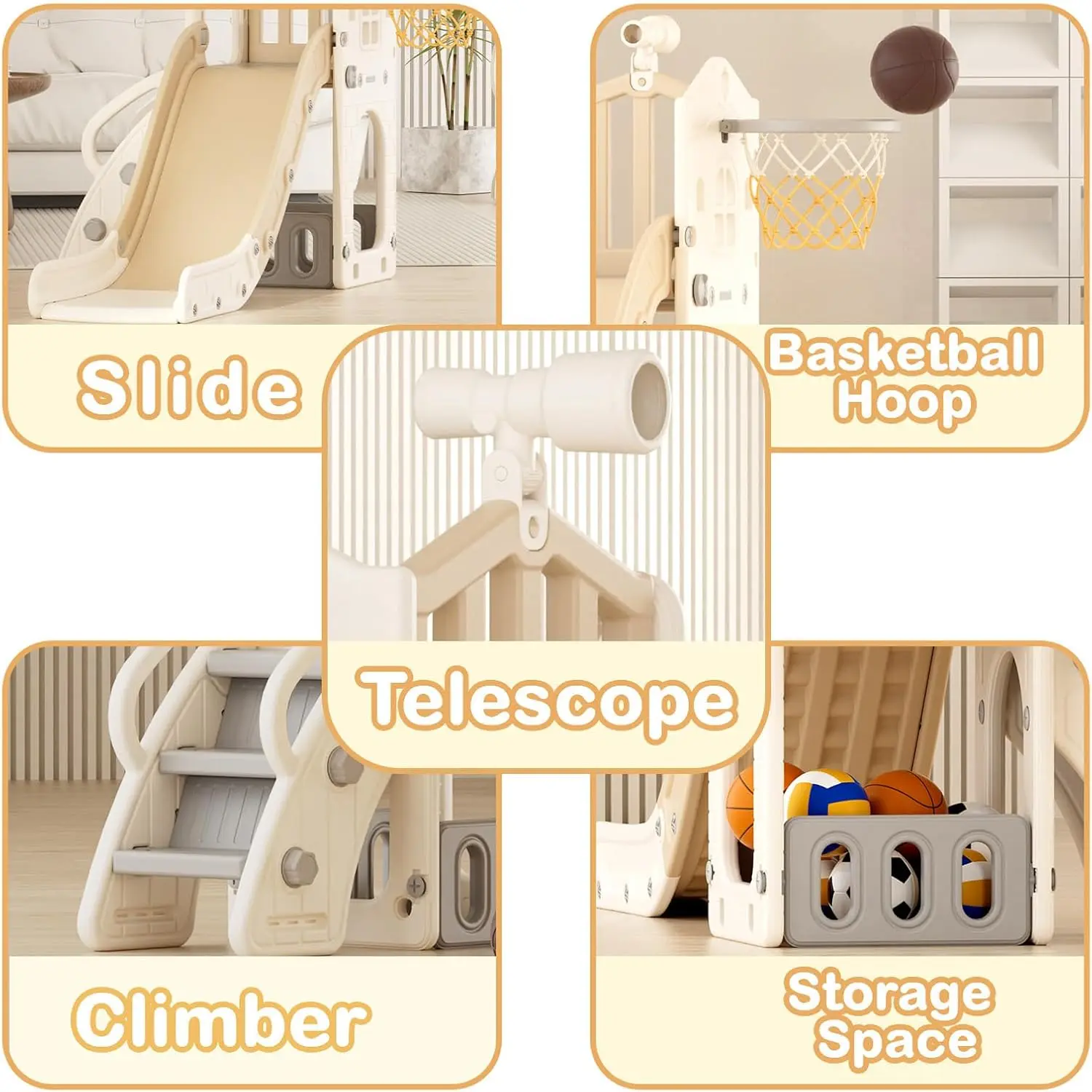 Tobogán para niños pequeños 5 en 1, tobogán escalador para niños con aro de baloncesto y pelota, juego para interiores y exteriores para niños de 1 a 3 años (Beige + café