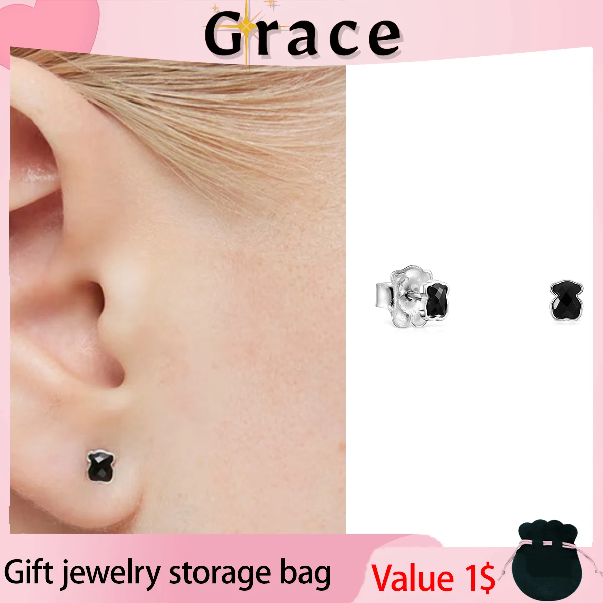 2024 Fashionable, Beautiful, Avant-garde and Elegant S925 Silver Material Black Bear Shape Women’s Earrings Jewelry Gift