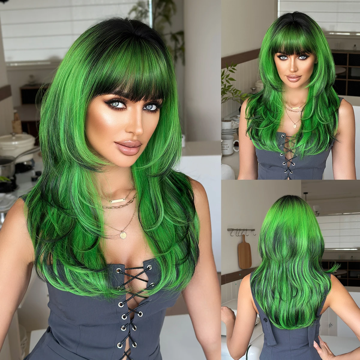 NAMM Long Wave Green Wigs For Women With Bangs Natural Dark Roots High Quality Synthetic Fiber Wig Hair Tail Dyed Black