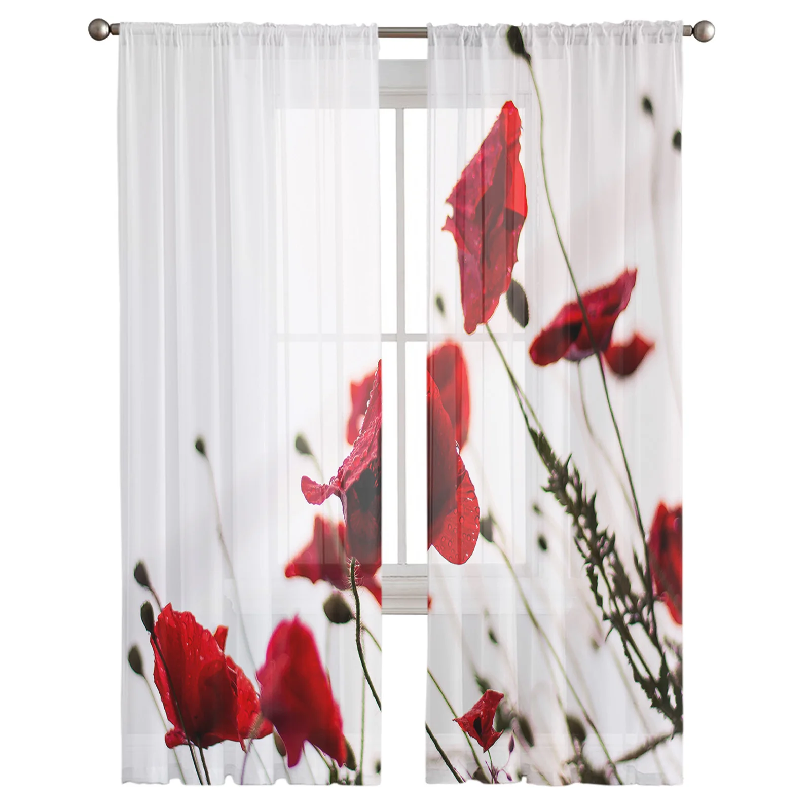 Red Poppy Flower Sea Sheer Curtain for Living Room Bedroom Voile Drape Kitchen Window Tulle Curtains Home Essentials