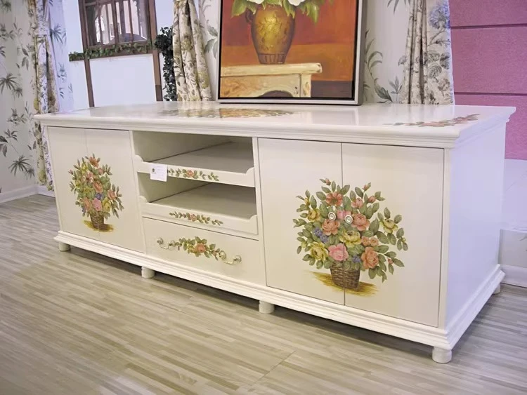 Solid wood pastoral hand-painted furniture painted rose TV cabinet audio-visual cabinet