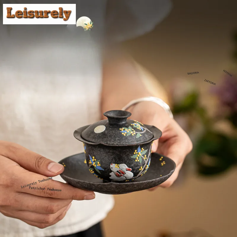 HOYIHM Hand-painted Moonlight Laurel Rabbit Gaiwan Zen Tea Tureen Tea Bowl With Lid Kit Tea Making Cover Bowl Teaset Ornaments
