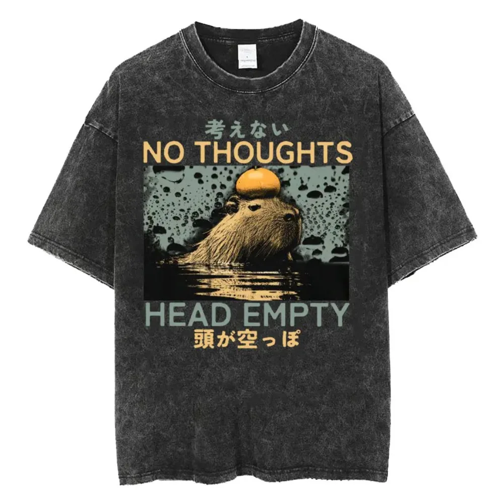 Amare Box No Thoughts Head Empty Japanese T-shirt Funny Capybara Vintage Washed T Shirt Men Women Casual Loose Short Sleeve Tees