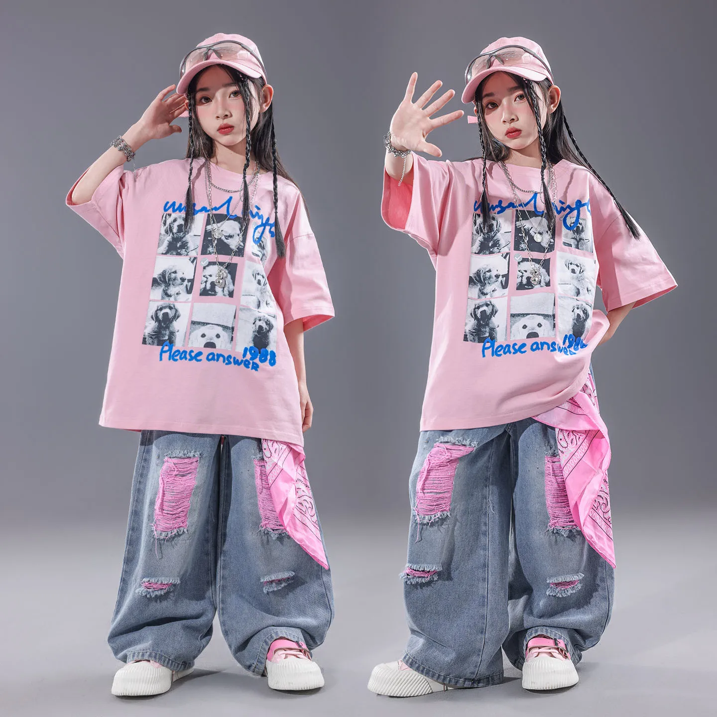 Girls Hip Hop Pink puppy T SHIRTS Ripped Denim Pants Children K-pop Cool Girl Group Clothes Set Kids Streetwear Jazz Costume