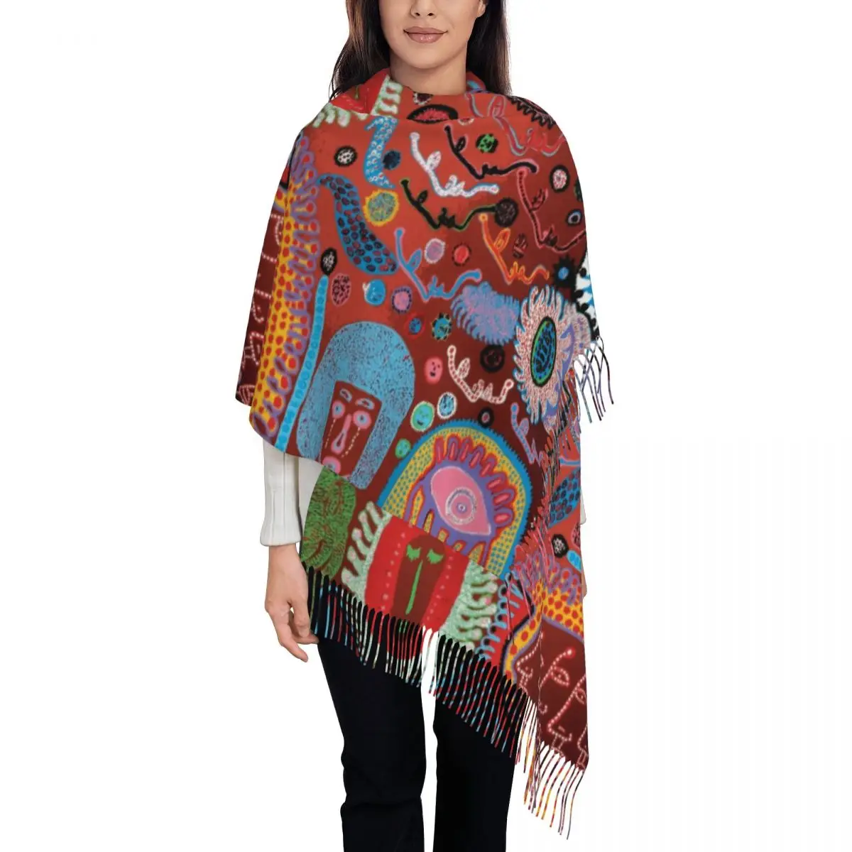 Yayoi Kusama Fungus Shawls Wraps for Women Winter Warm Single-sided Pattern Scarf Polka Aesthetic Neckerchief Tassel Scarves