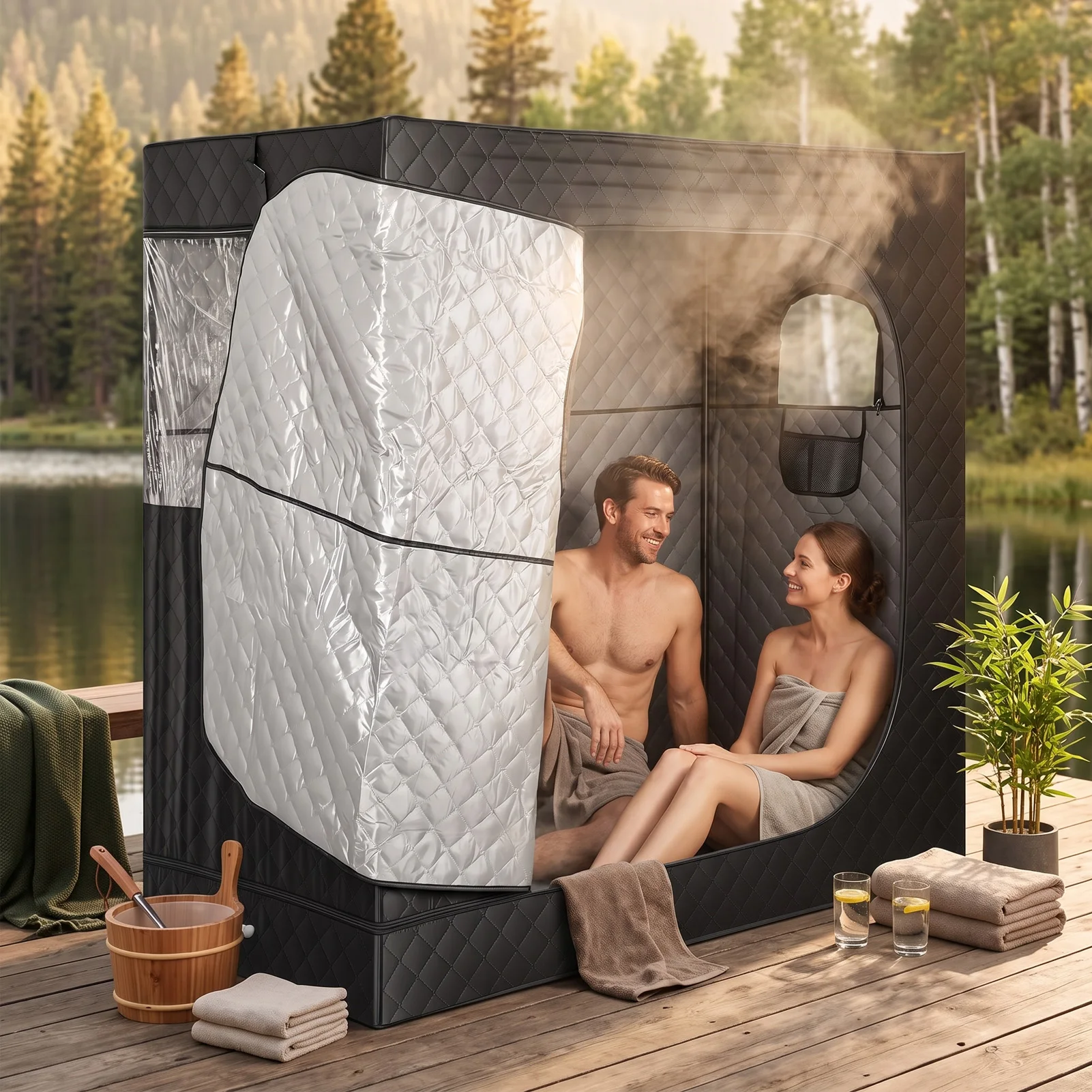 Portable Steam Sauna Tent 2 Person Sauna Extra Large 5 Layer Water-proof Sauna Room with 2 Steamers 2 Folding Chairs for Home