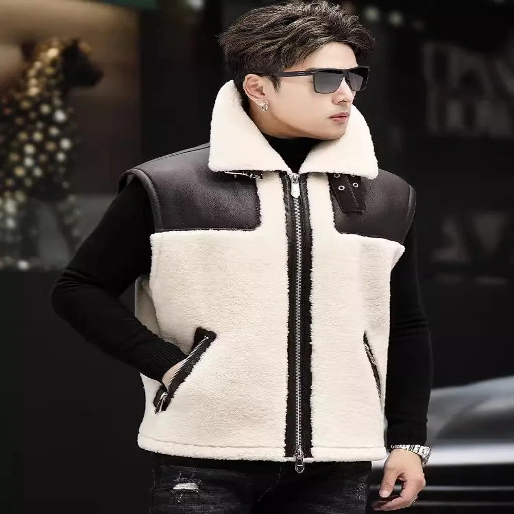 Mens Fashion Genuine Leather Patchwork Real Vest Business Casual Winter Warm Sleeveless Jacket Sheep Fur Shearling Waistcoat