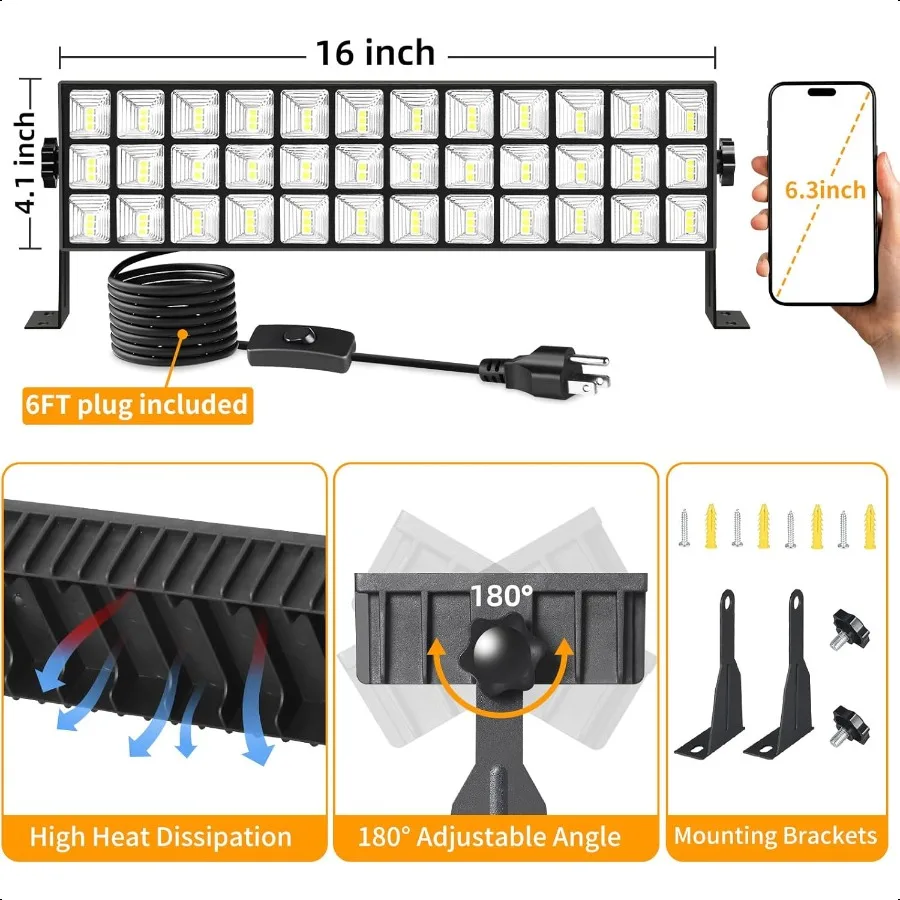 100W LED 작업등 11000LM 6000K 플러그인 차고 조명 (6피트 전원 코드 포함) IP66 방수 작업등 (차고 및 실외 작업용)