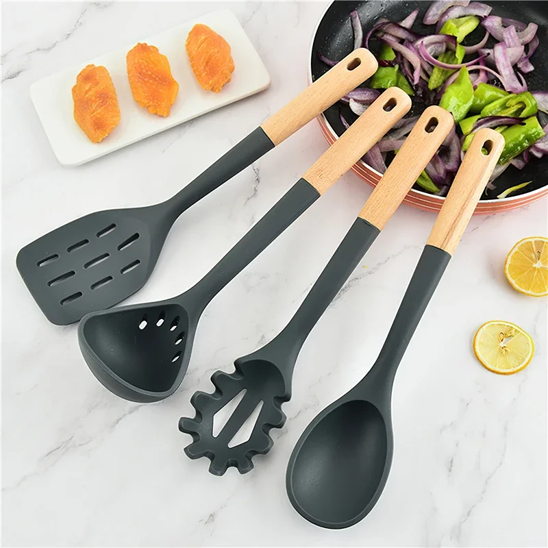 7 Pcs Silicone Kitchenware Set Environmental Protection Material Solid Wood Handle Cooking Tools Frying Spatula Soup Spoon Rice