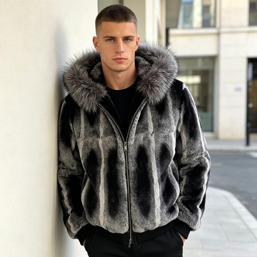 Abrigos de Piel de Chinchilla, Chaqueta con Capucha de Piel de Conejo Rex Real, con Cuello de Piel de Zorro Natural, Chaquetas de Piel Auténtica