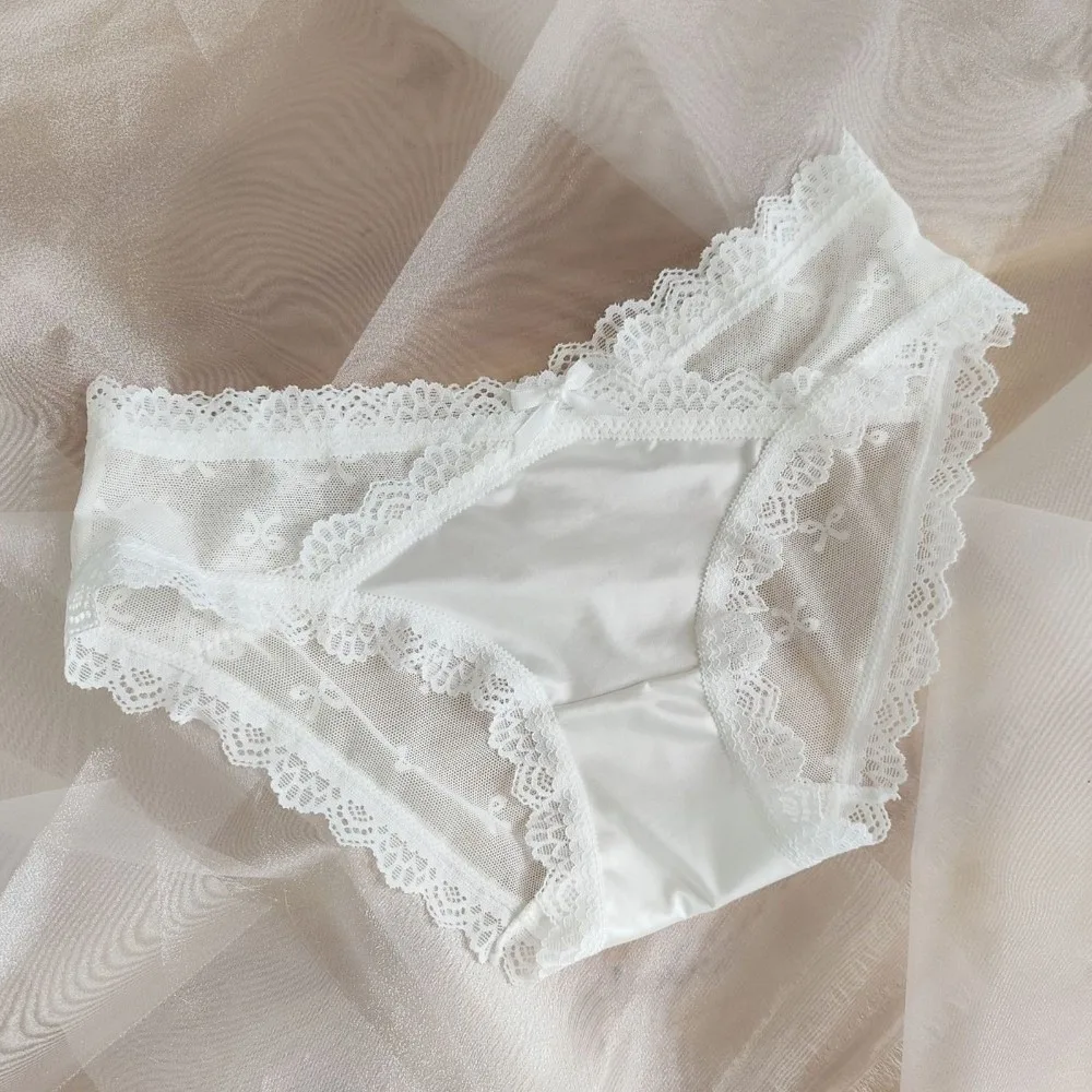 

Thin Low Waist Lace Panties Lingerie Satin Silk Lace Bow Briefs Mesh Transparent Underwear Summer