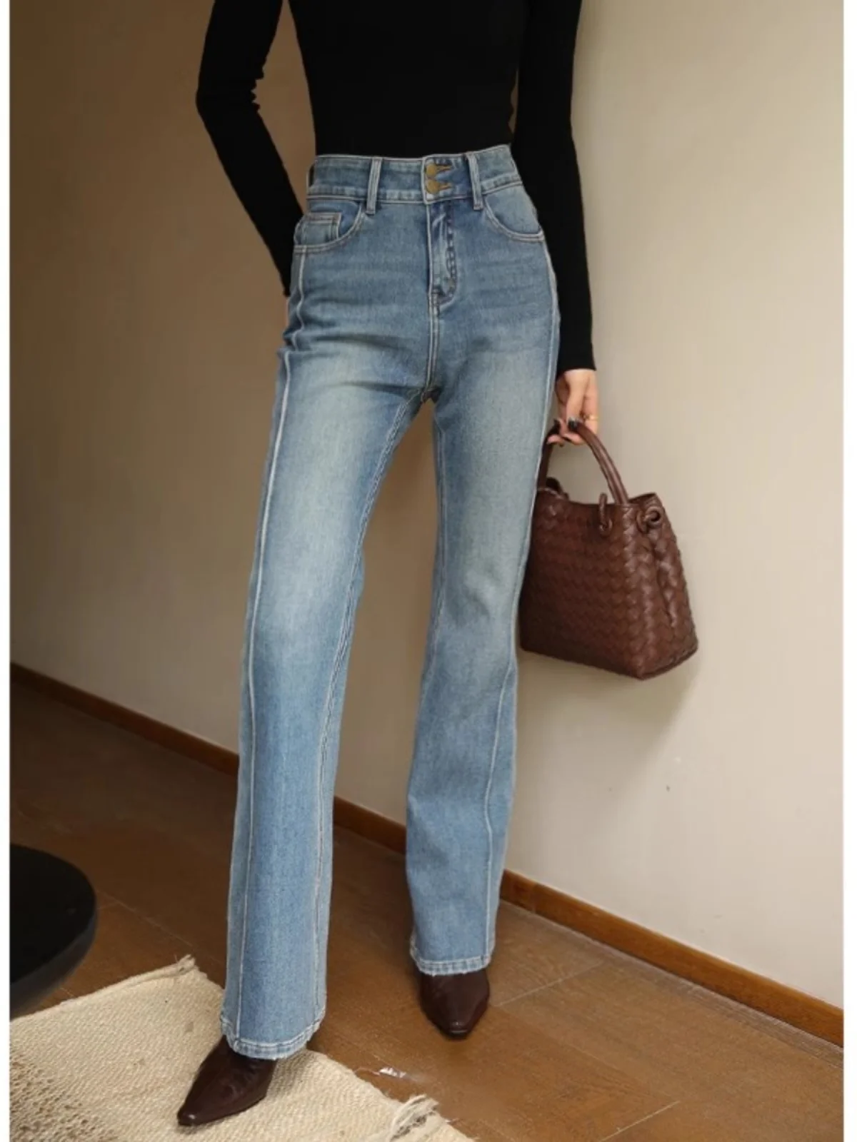 Jeans dritti a vita alta blu scuro da donna Autunno Nuova versione slim fit a gamba larga Tessuto denim elasticizzato Pantaloni intellettuali eleganti