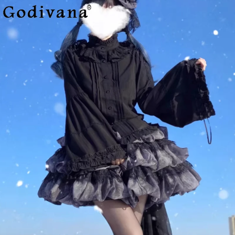 

Spring Autumn New Elegant Stand-up Collar Long Flare Sleeve Bottoming Shirt Fashion Girl Goth Punk Black Sweet Lolita Shirts