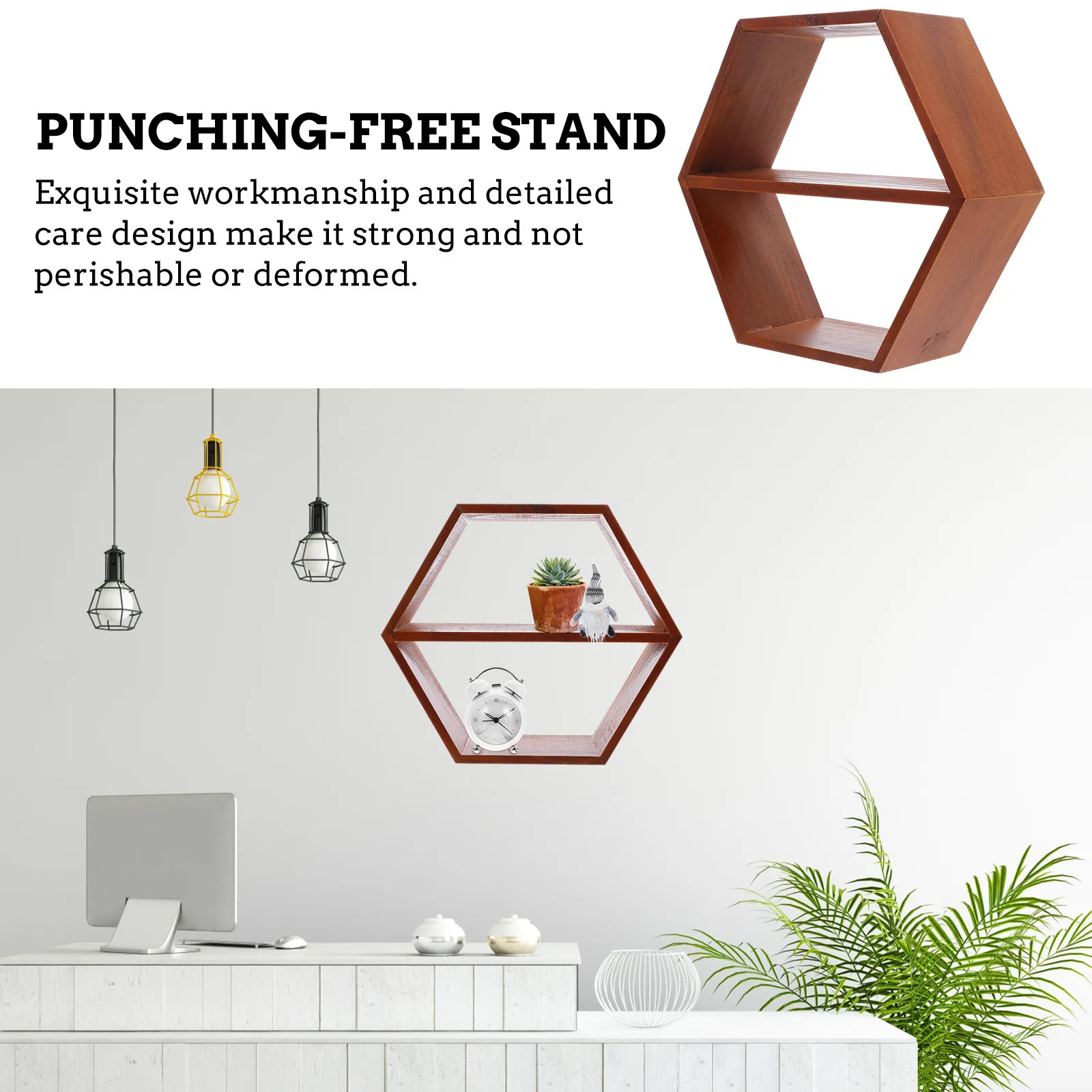 1Pcs Hexagonal Wooden Wall Storage Shelf Creative Minimalist Design Bedside Sundries Organizer Punching-Free Flowerpot Holder