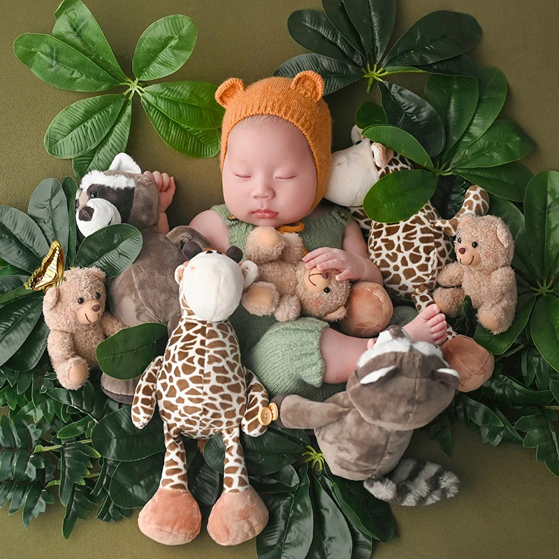 Newborn Baby Photography Accessories Forest Zoo Theme Baby Knitted Overalls + Hat Set Studio Photo Stretch Wrap Green Plant Prop