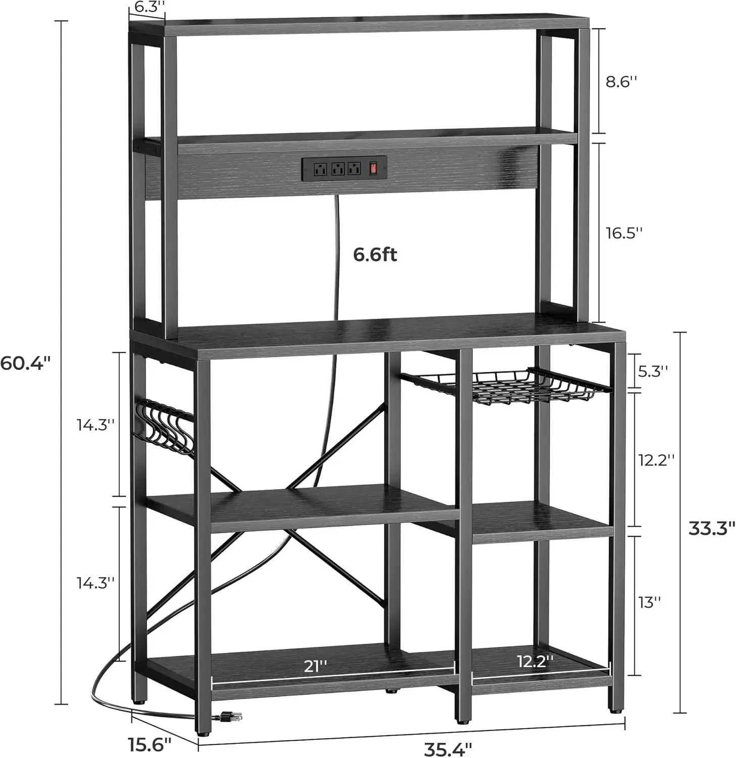 Bakers Rack พร้อมปลั๊กไฟ,บาร์กาแฟ 35.4 นิ้วพร้อมตะกร้าลวด,ขาตั้งไมโครเวฟในครัวพร้อมตะขอรูปตัว S 6 อัน,เปิด