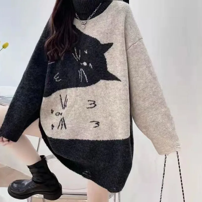 Women Clothing Thick Loose Pullovers Winter Vintage Chic Y2k Cartton Lazy Style Sweaters Thick Sweet Casual Knitwear