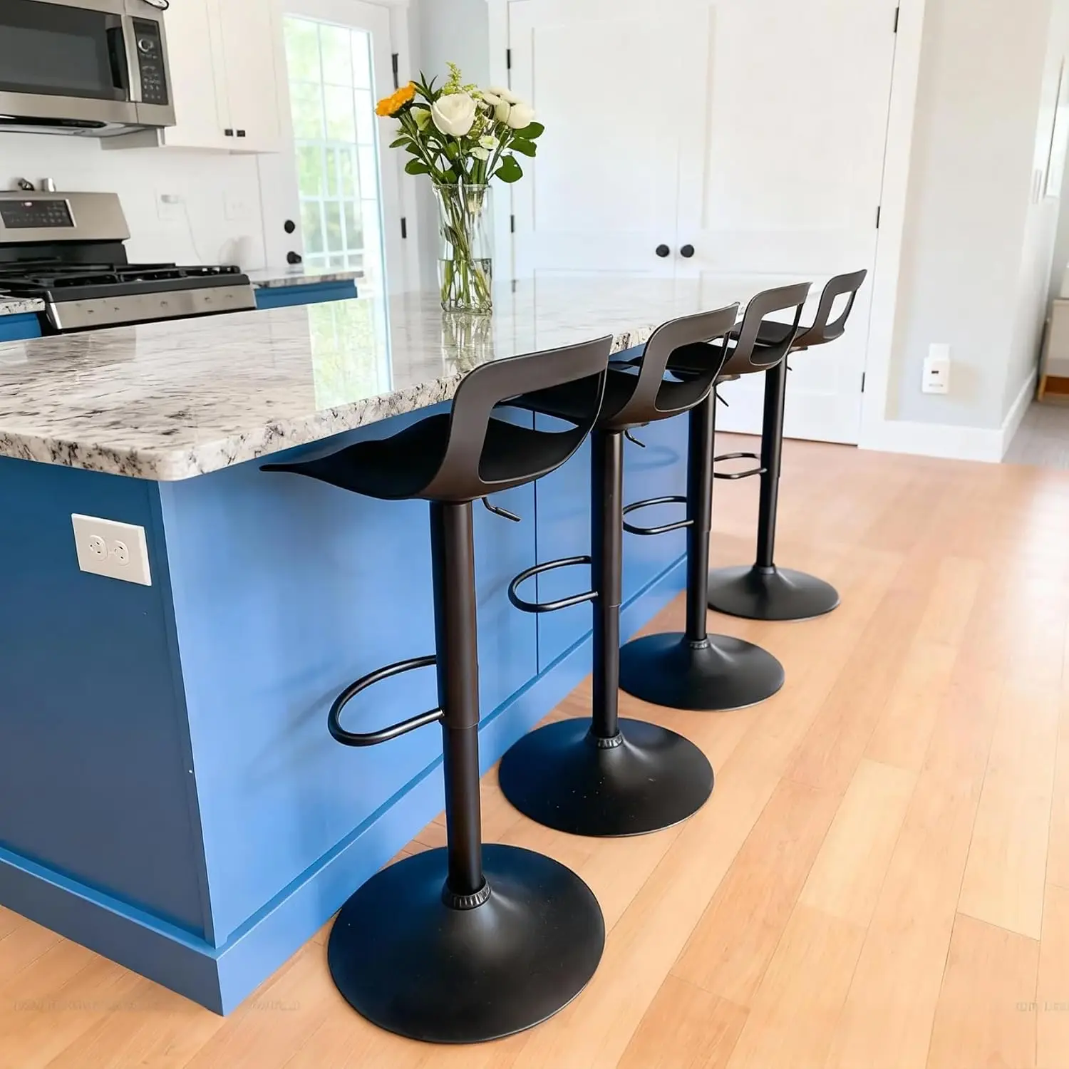Adjustable Swivel Bar Stools 4pcs With Back & Footrest, Counter Height Armless Plastic Kitchen Island Chair, Black, Customized