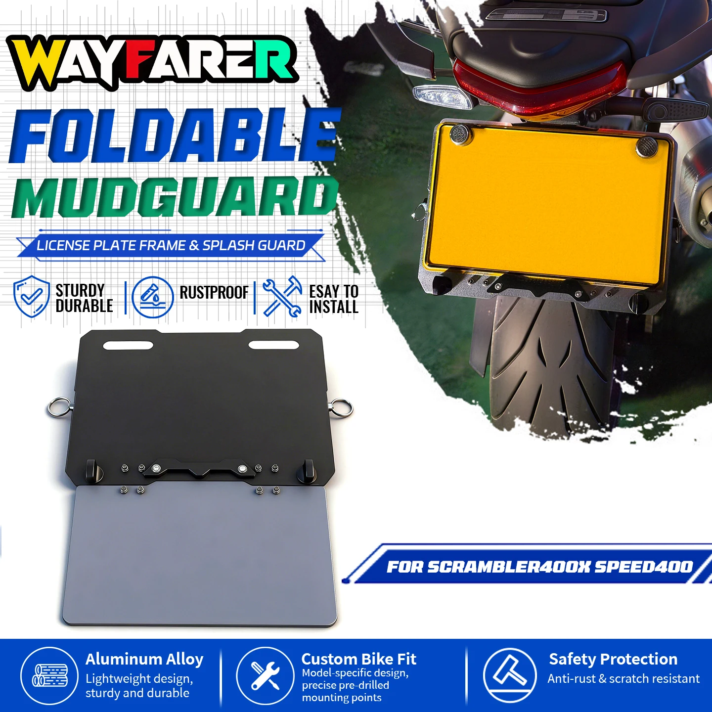 Foldable License Plate Frame with Fender Mudguard Bracket Splash Guard For Scrambler 400X Speed 400 Scrambler400X Speed400