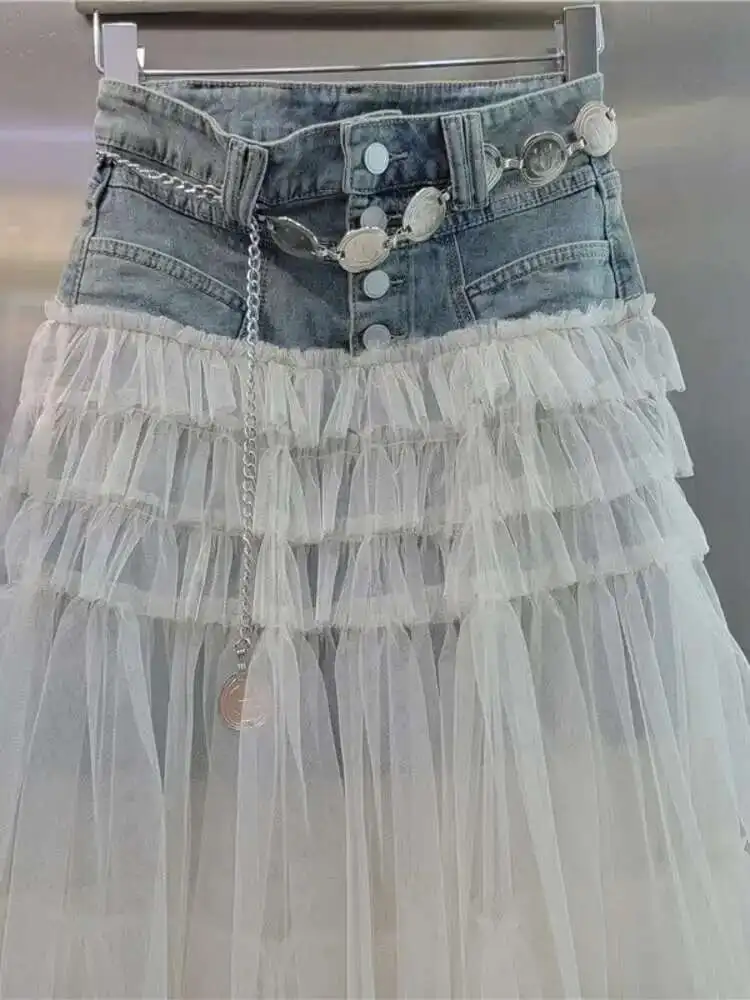Street Wear Single Breasted High Waist Mid Length A-line Wrap Hip Mesh Puffy Denim Skirt Women 2025 Spring Summer