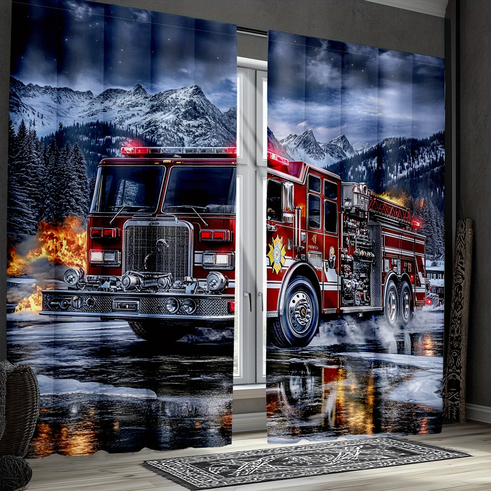 Fire Truck Curtains Emergency Vehicle Art Window Drapes Rescue Design Home Decor Man Cave Theme Living Room