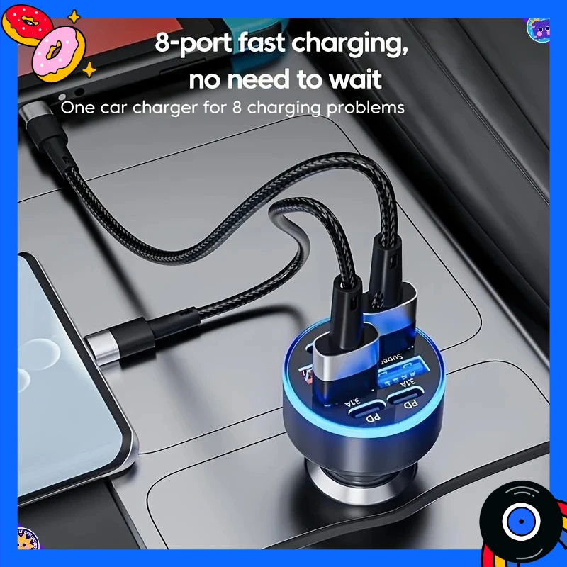 شاحن هاتف محمول للسيارة 8 في 1 مع QC3.0 شحن سريع PD + USB مؤشر LED مزدوج الإخراج مدمج ومحمول مناسب للسيارات #6