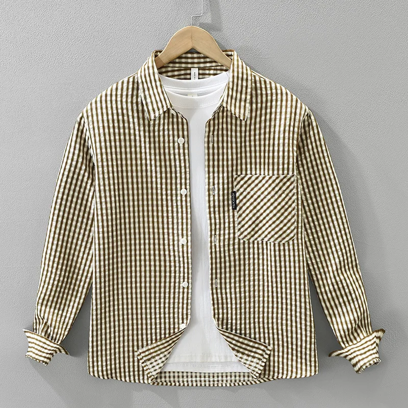 

Мужская клетчатая рубашка с длинными рукавами в японском стиле, модный и универсальный повседневный топ свободного покроя, мужская одежда в клетку, осень 2023 г.