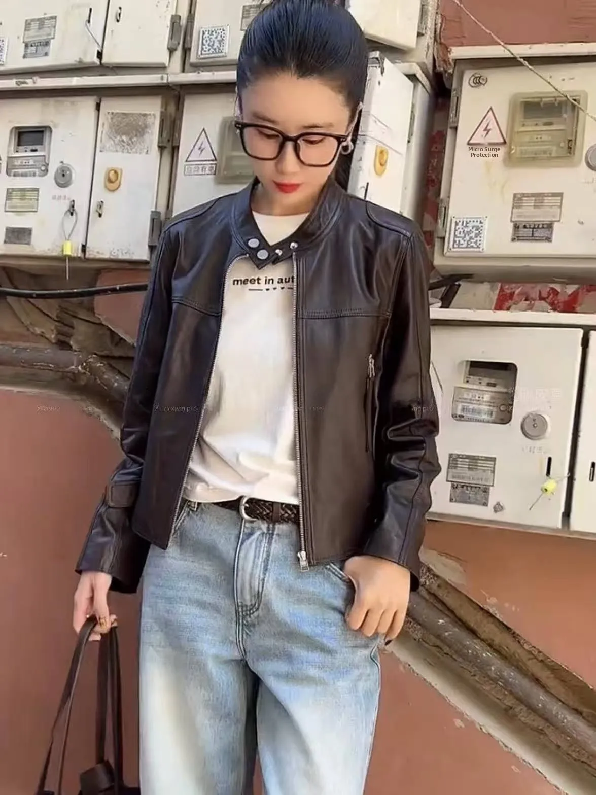 

2025 New Women's Genuine eepskin Leather Jaet Loose Slimming Casual Top Motorcycle Sle Coat Long Sve Zipper Closure