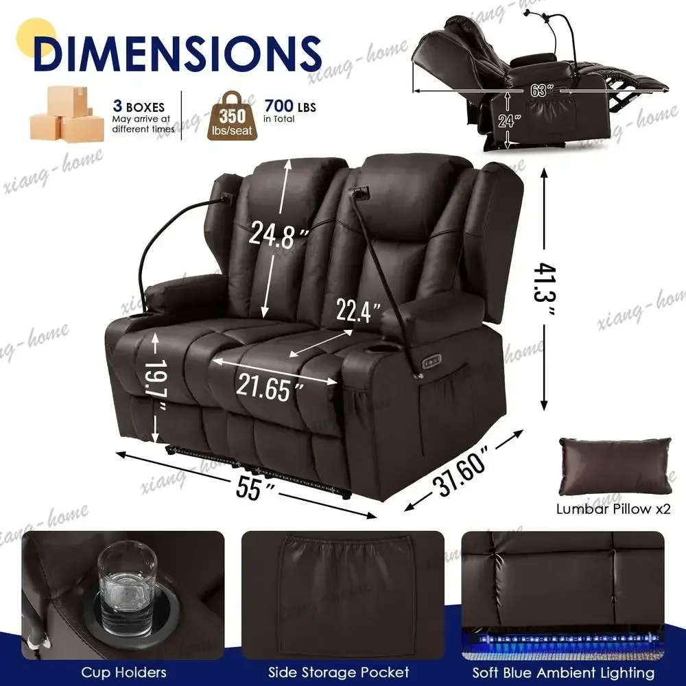 lsPower Loveseat Recliner Sofa, PU Leather Dual Reclining Couch with Vibration Heating, Blue LED Base Lights, USB Ports, Cup Hol