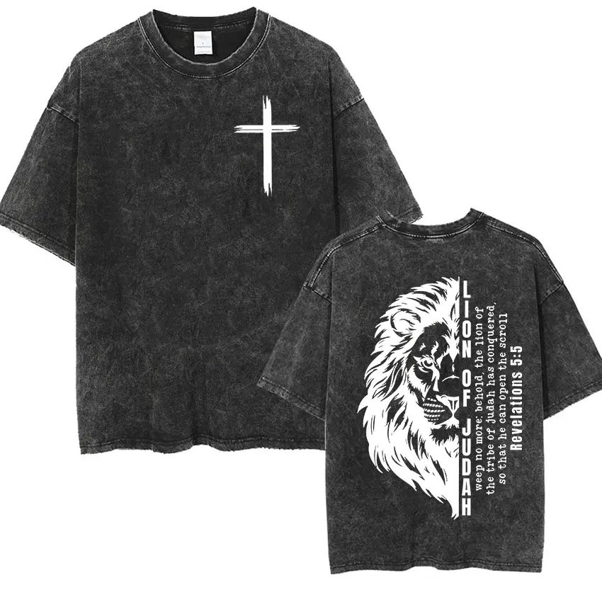 Christian Lion of Judah Revelations 5:5 Print T Shirt Men's Fashion Vintage Washed Vshort Sleeve T-shirt Unisex Jesus Streetwear