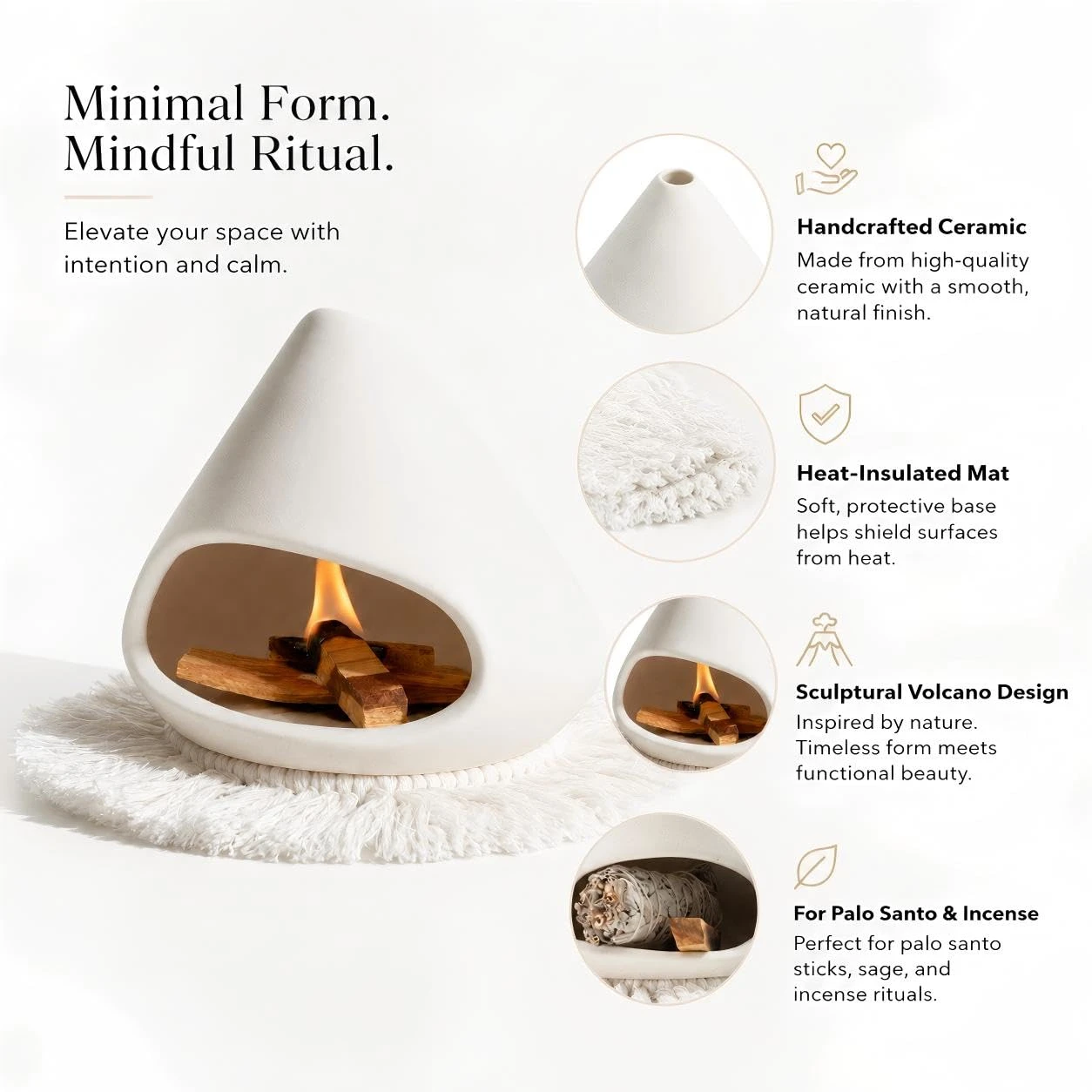 Ceramic incense burner Palo Santo Holder Handmade Smudge Bowl with Chimney Sage Holder for Cone Incense Sage Bundles Sticks