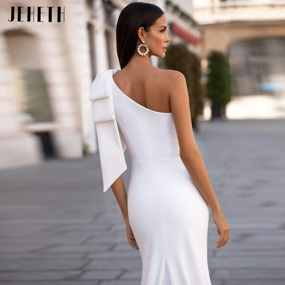 JEHETH One Shoulder Elastic Soft Satin Wedding Dress Mermaid Boho Simple Bride Gown with Bow Vestidos De Novia Robe De Mariée