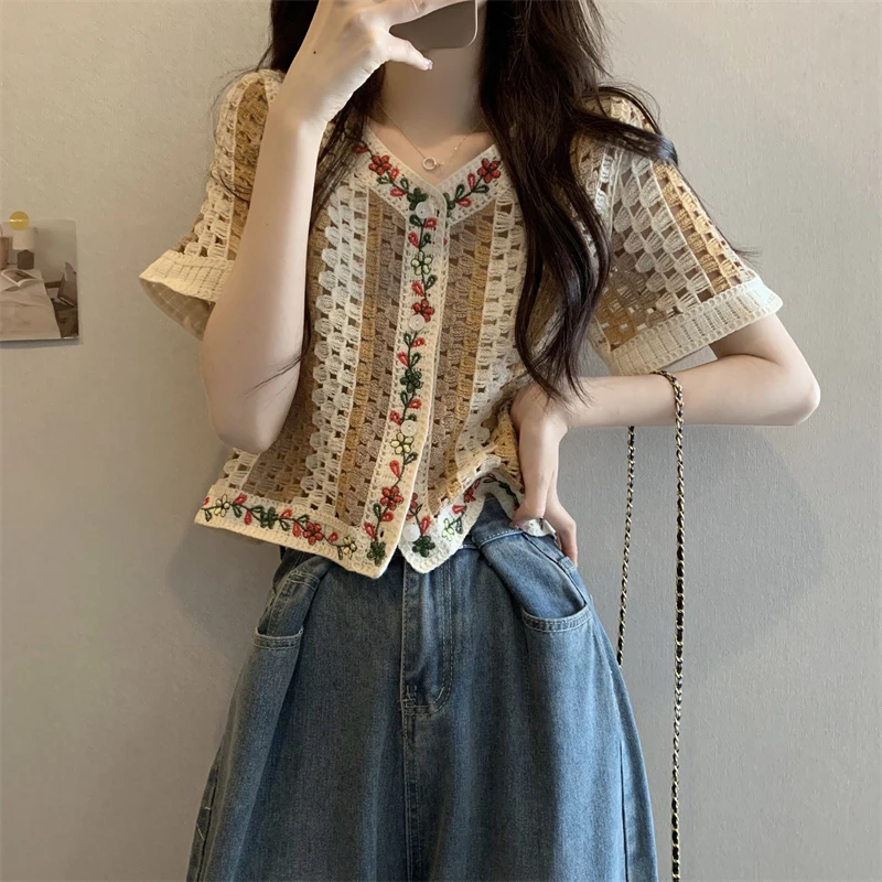 

Retro Hollow out Knitted Sweater Women's Faion Summer New Sle French Sle ort Sve Plant Floral Patterned Open Cardigan