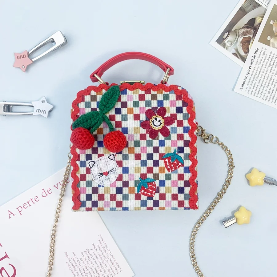 

Girls' Cherry & Cat Print Box Bag, Multicolor Plaid Fabric, Detachable Chain Strap, Perfect for Daily Outings, Birthdays, Partie