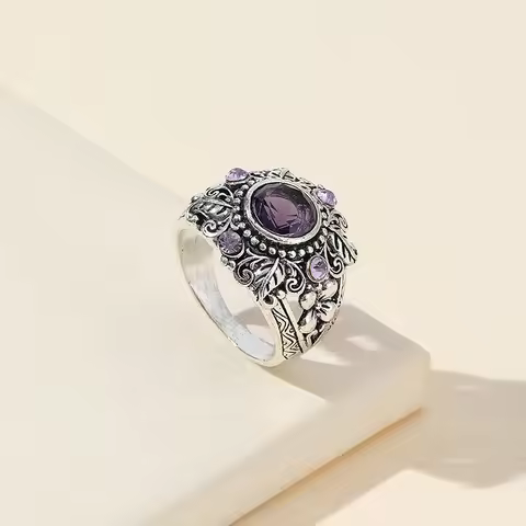 New Luxury Amethyst Ring Vintage Imitation Thai Silver Tree Leaf Flower Ring Jewelry