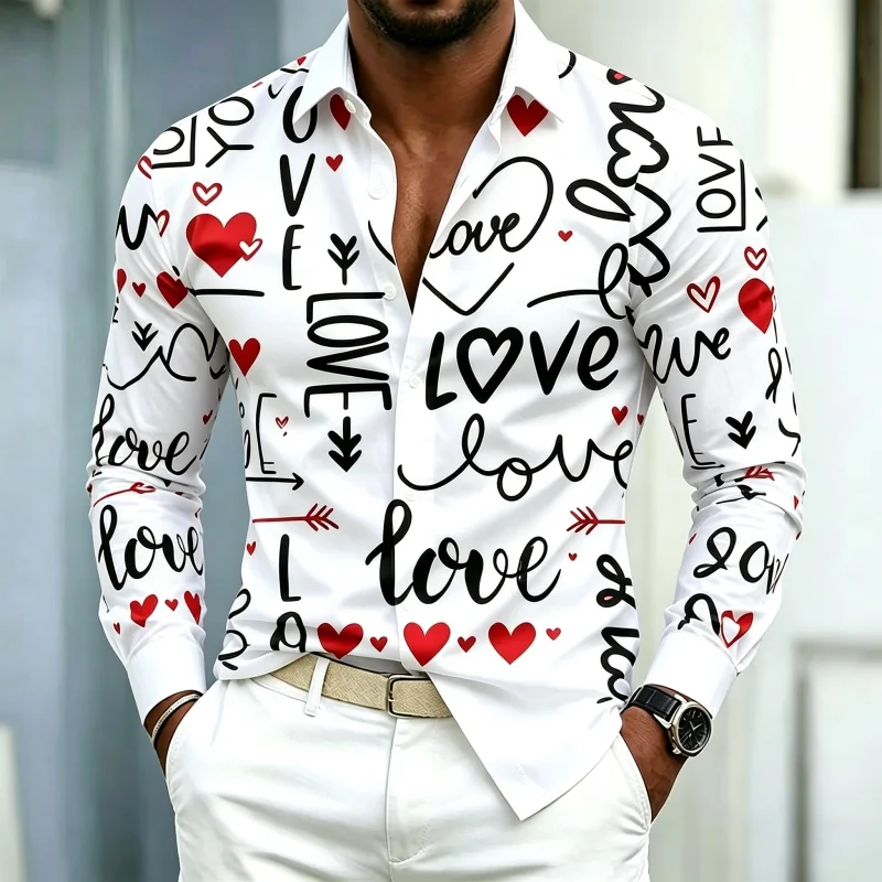 Men's Shirt Long Sleeve Retro Fashion Romantic Love Heart Graffiti Print Lapel Button‑Up Valentine Street Business Mens Clothing