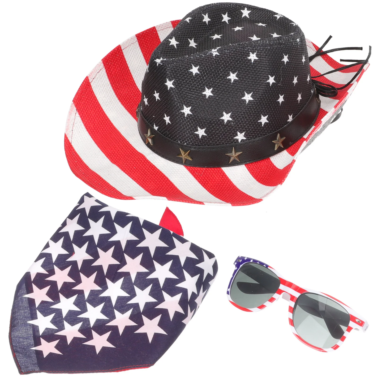 

1Set American Flag Cowboy Hat Wide Brim Party Sunglasses Scarf Set Sun Blocking Festival Outdoor Independence Day Accessories