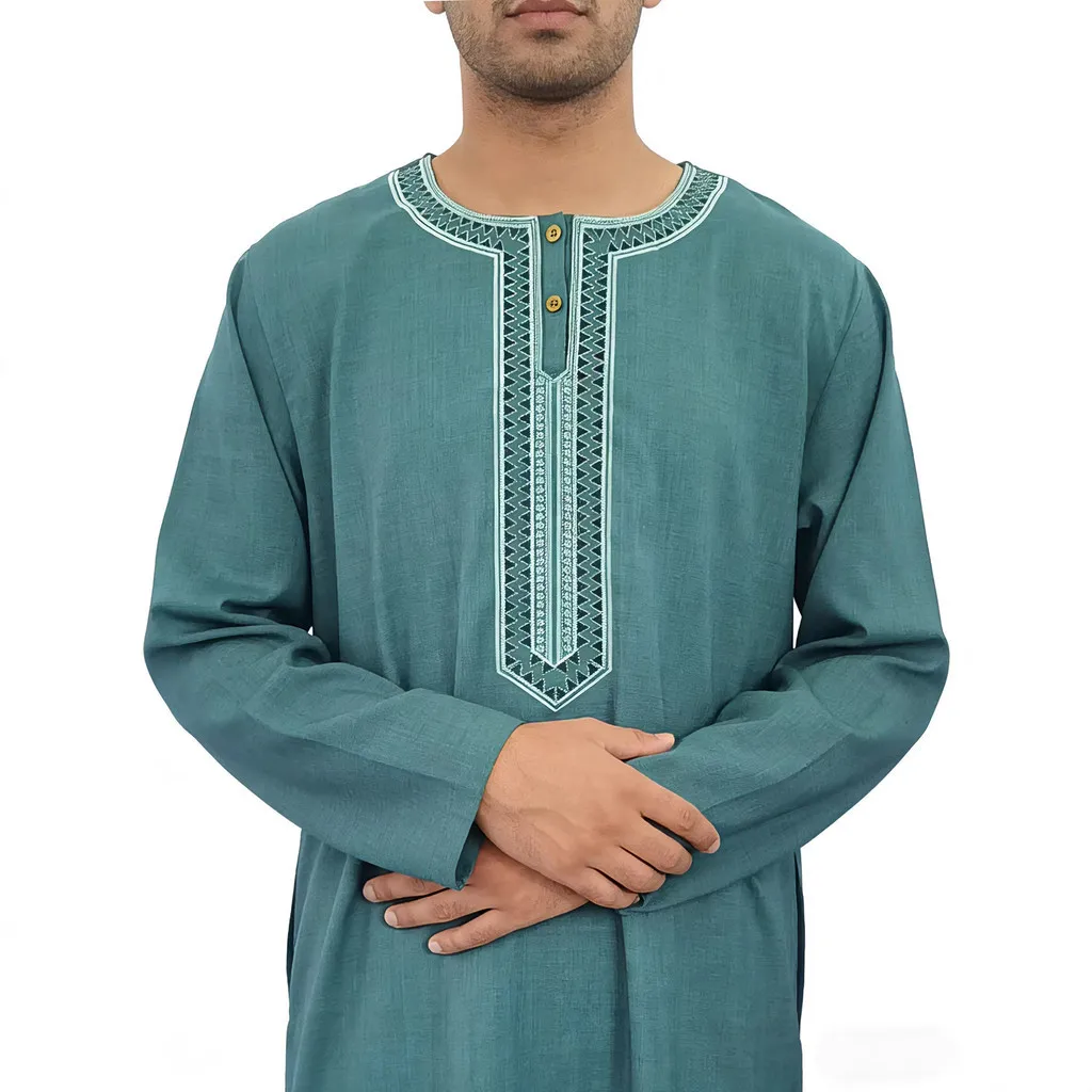 Middle East Muslim Men Embroidered Moroccan Robe Mid Sleeve Thobe With Pockets