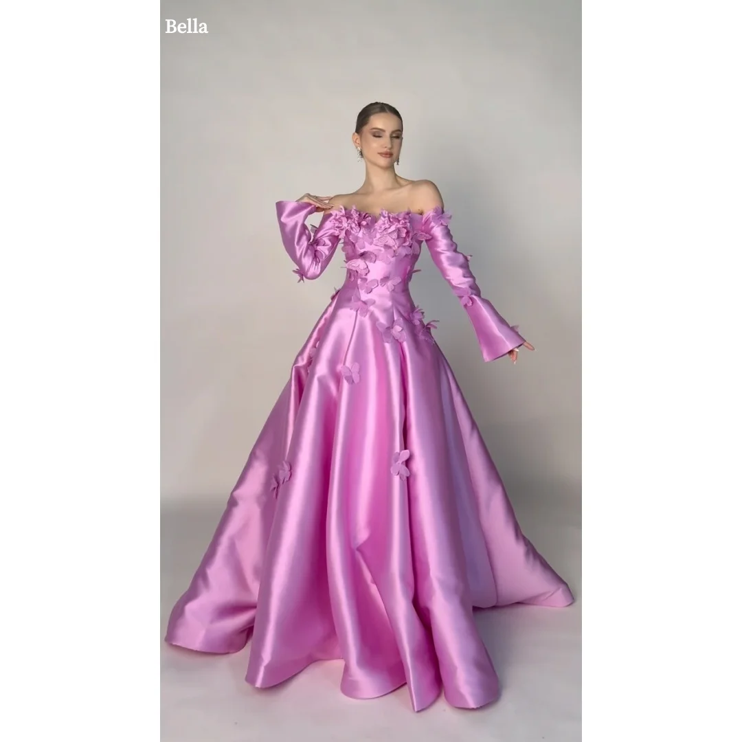 

Bella Customize Розовое украшение в виде бабочки, вечернее платье с открытыми плечами и длинными рукавами, платья для выпускного вечера, свадебное платье трапециевидной формы 2025
