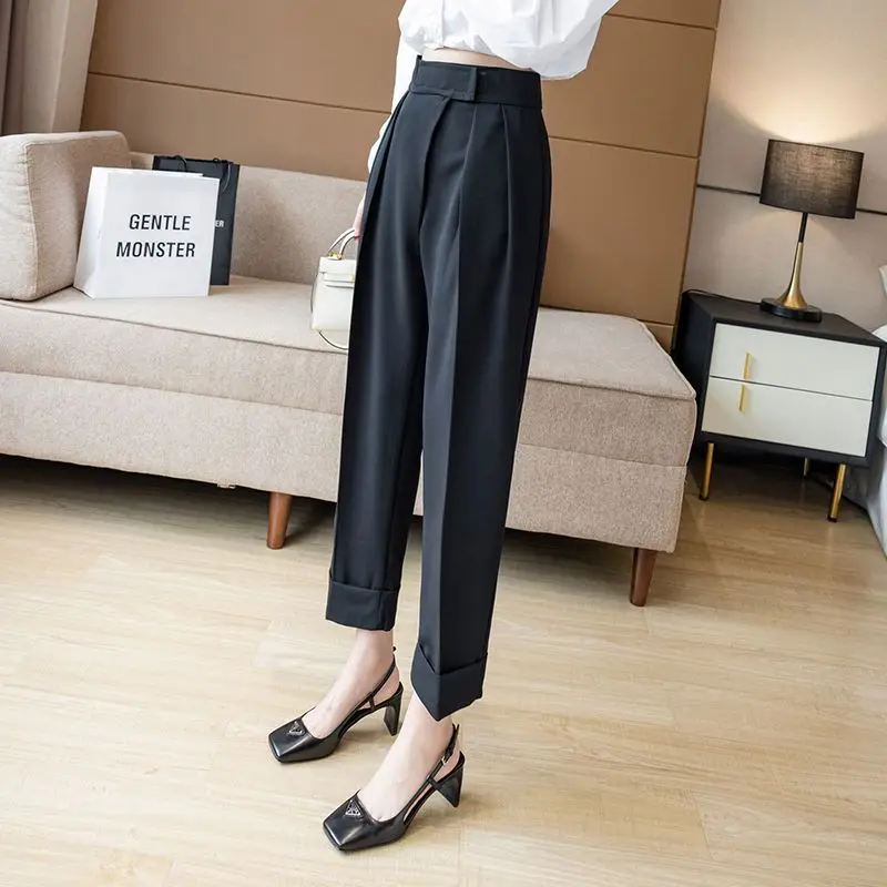 Spring and Autumn Women's Solid Color High Waist Loose Halun Pants Folds Korean Fashion Casual Commuter All Match Trousers