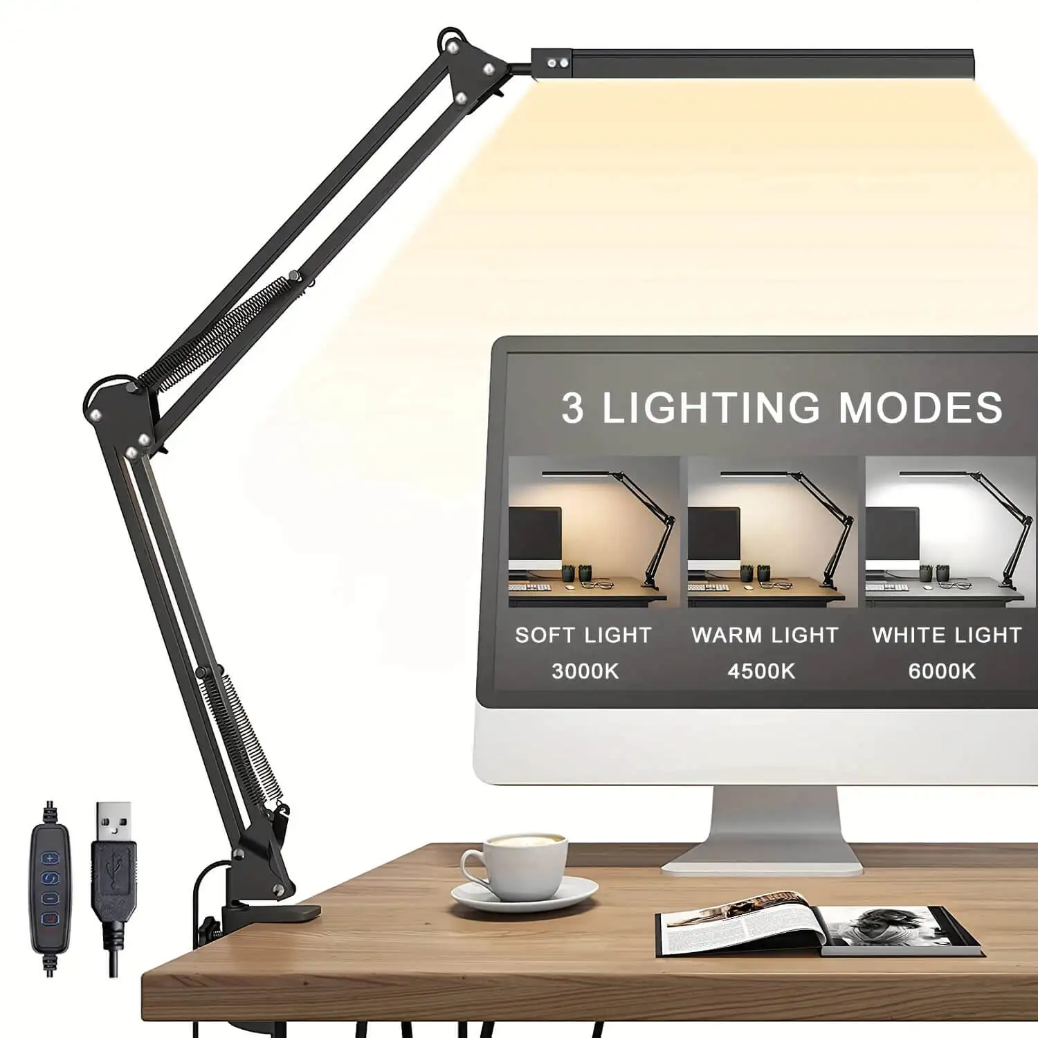 

LED Desk Lamp,Adjustable Swing Arm Desk Lamp with Clamp,Dimmable Desk Light Eye-Care Table Light, Memory Function, 3 Color Modes