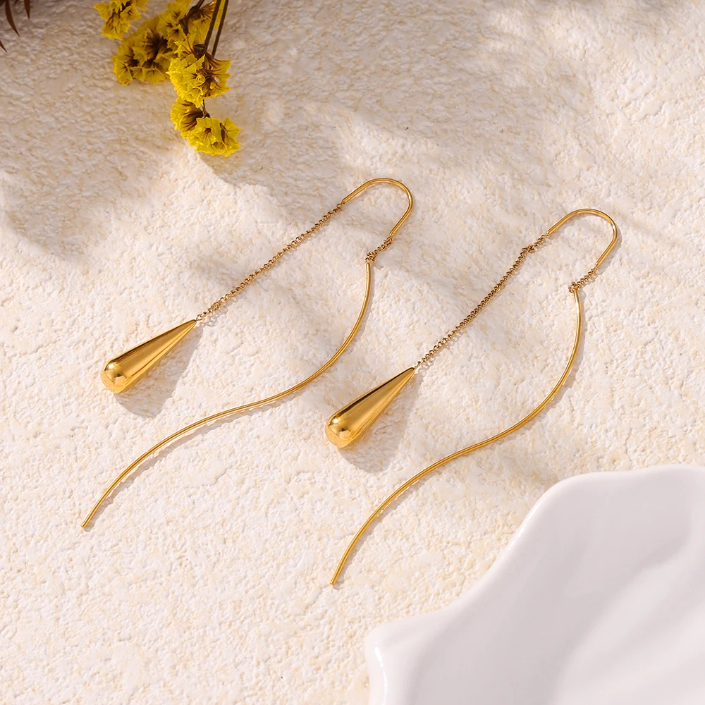 Waterdrop Charm Tassel Drop Earrings for Women Stainless Steel Long Earring 18k Gold Plated Threader Earring Dangle Earrings