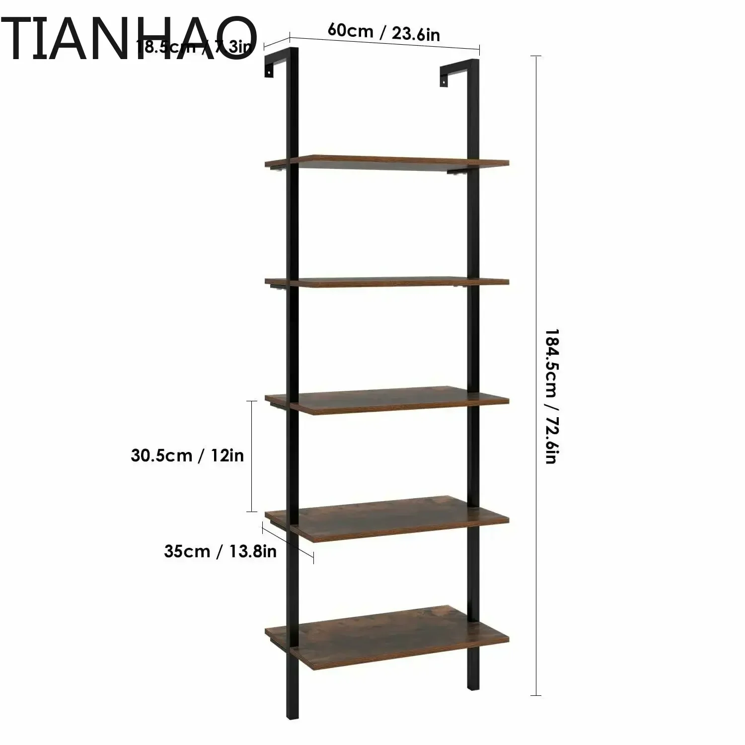 Homfa Industry Ladder Shelving Unit 5 Tier Display Stand Book Shelf Wall Rack Storage Wood & Metal Frame 60x35x185cm