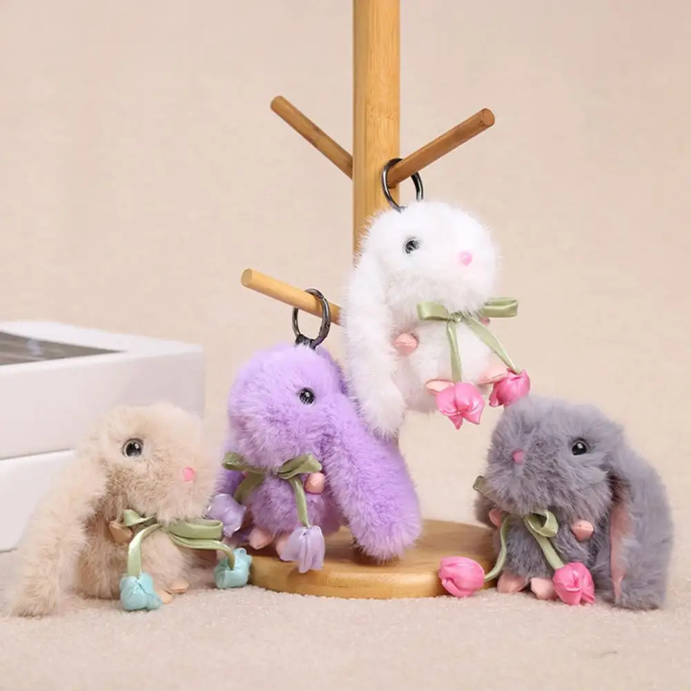 Soft Color Doll Charm Tulip Lop-eared Rabbit Plush Keychain Soft Skin-friendly Bunny Pendant with Ribbon Bow Flower