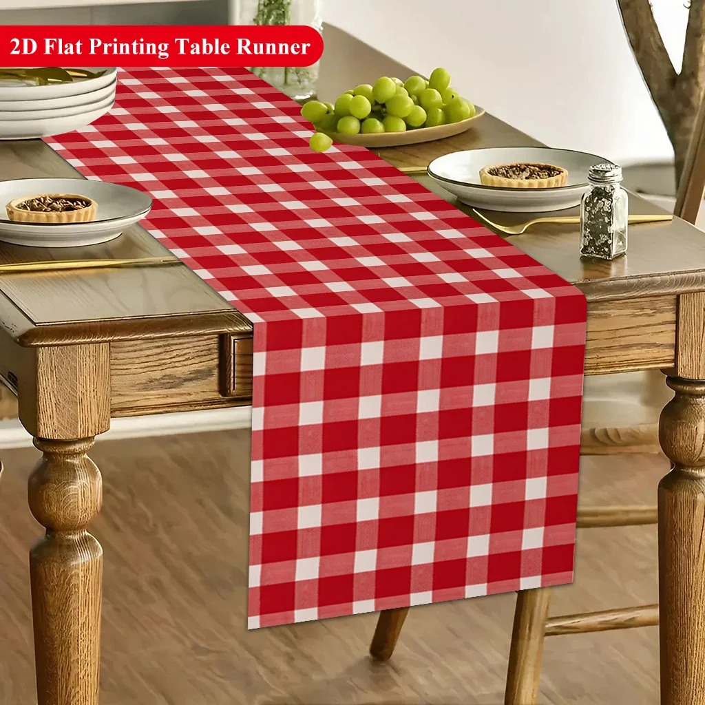 A red and white checkered table runner, suitable for dining tables, coffee tables, anniversary celebrations and home decorations