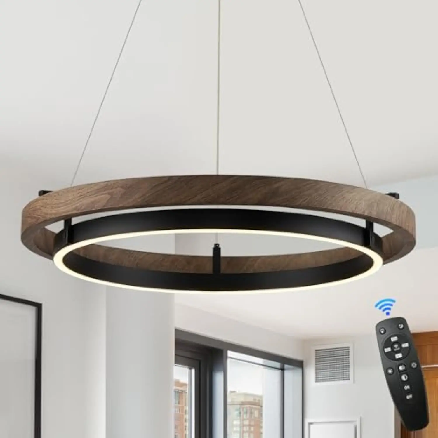 

LED Ring Chandelier Modern Round LED Pendant Light 24in Walnut Wood & Black Chandelier Dimmable Ceiling Pendant Light Fixtrure