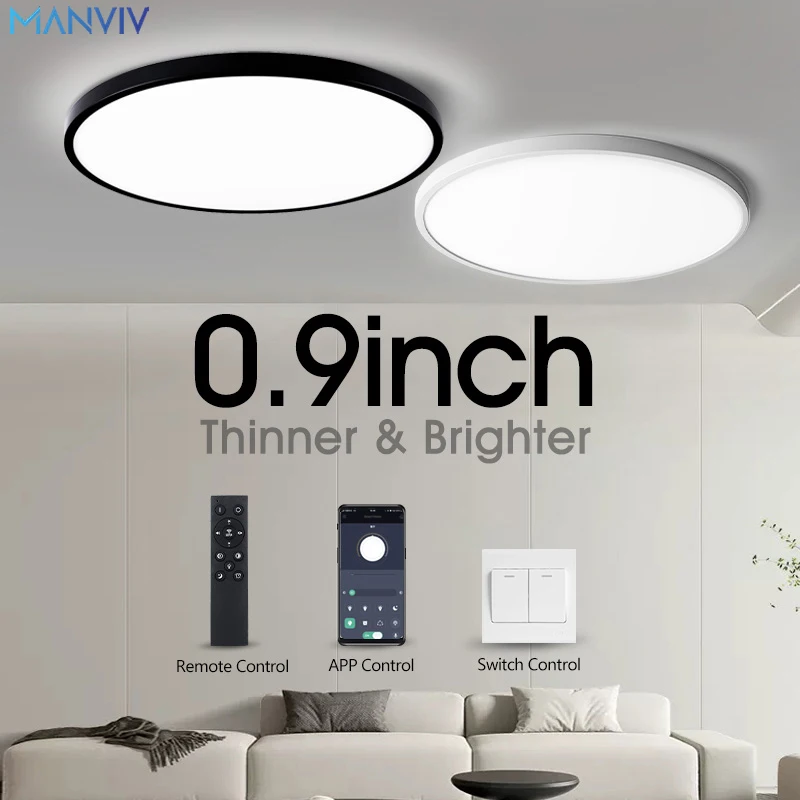 MANVIV 초박형 모던 천장 조명, 방 APP, 리모컨 조광 고정장치, 거실용 110V, 220V, 0.9 인치